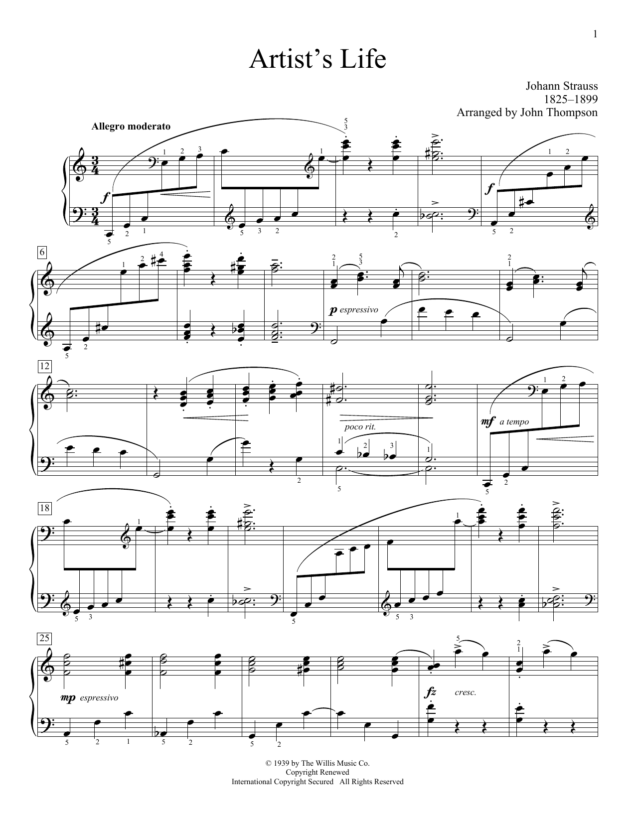 John Thompson Artist's Life sheet music notes and chords arranged for Educational Piano