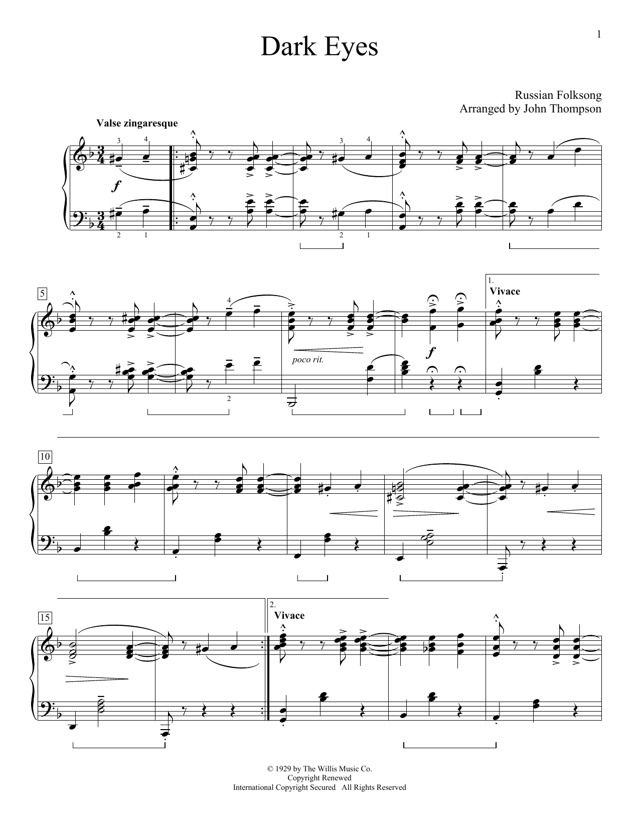 John Thompson Dark Eyes sheet music notes and chords arranged for Educational Piano