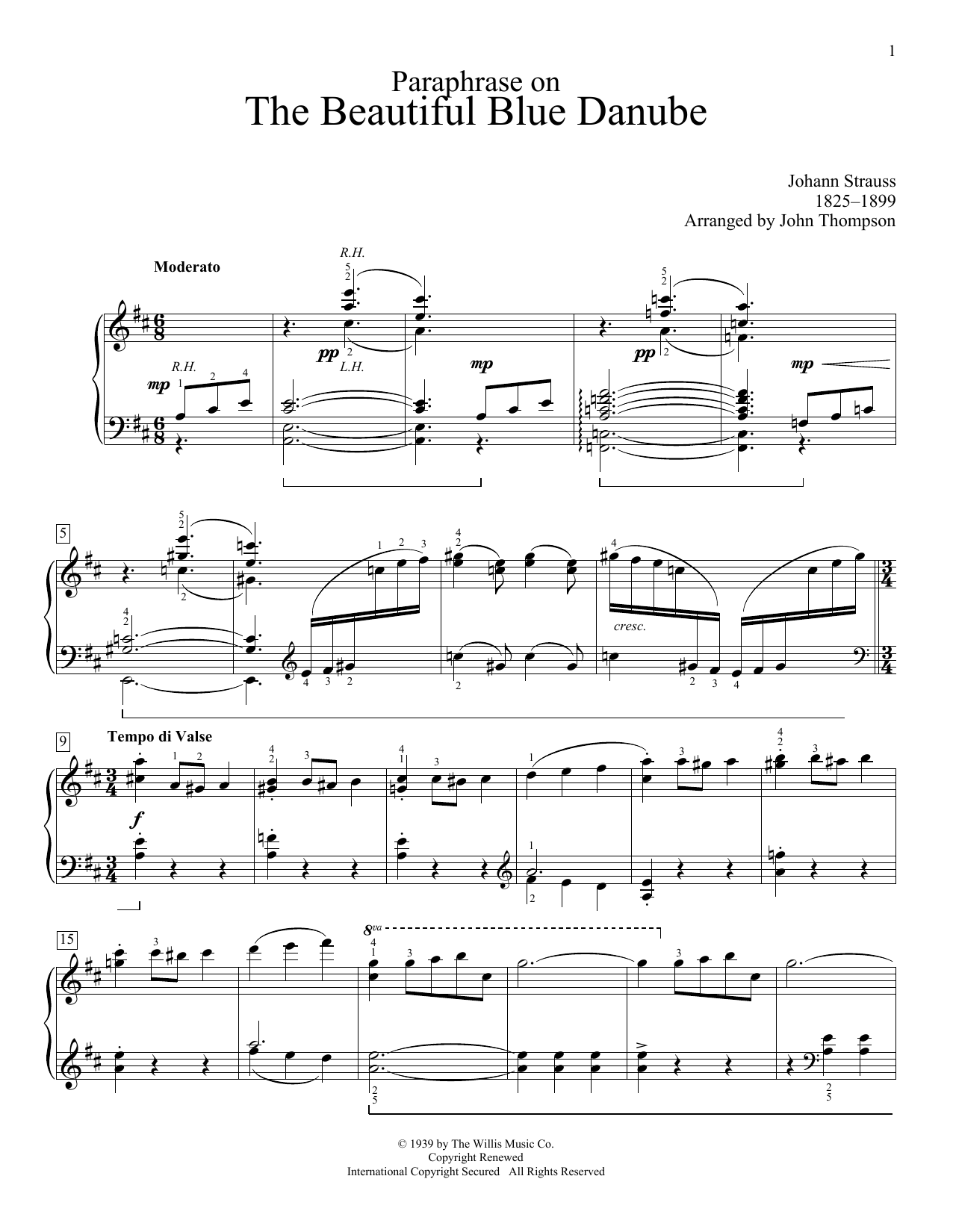 John Thompson Paraphrase On The Beautiful Blue Danube Waltzes sheet music notes and chords arranged for Educational Piano