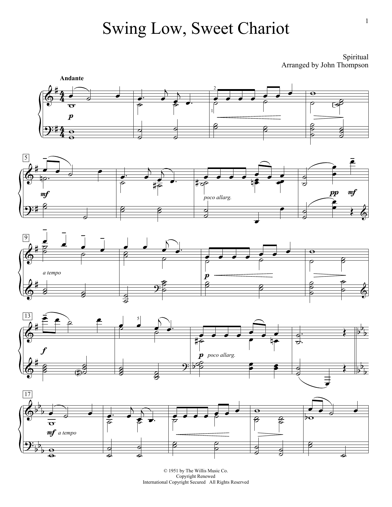 John Thompson Swing Low, Sweet Chariot sheet music notes and chords arranged for Educational Piano