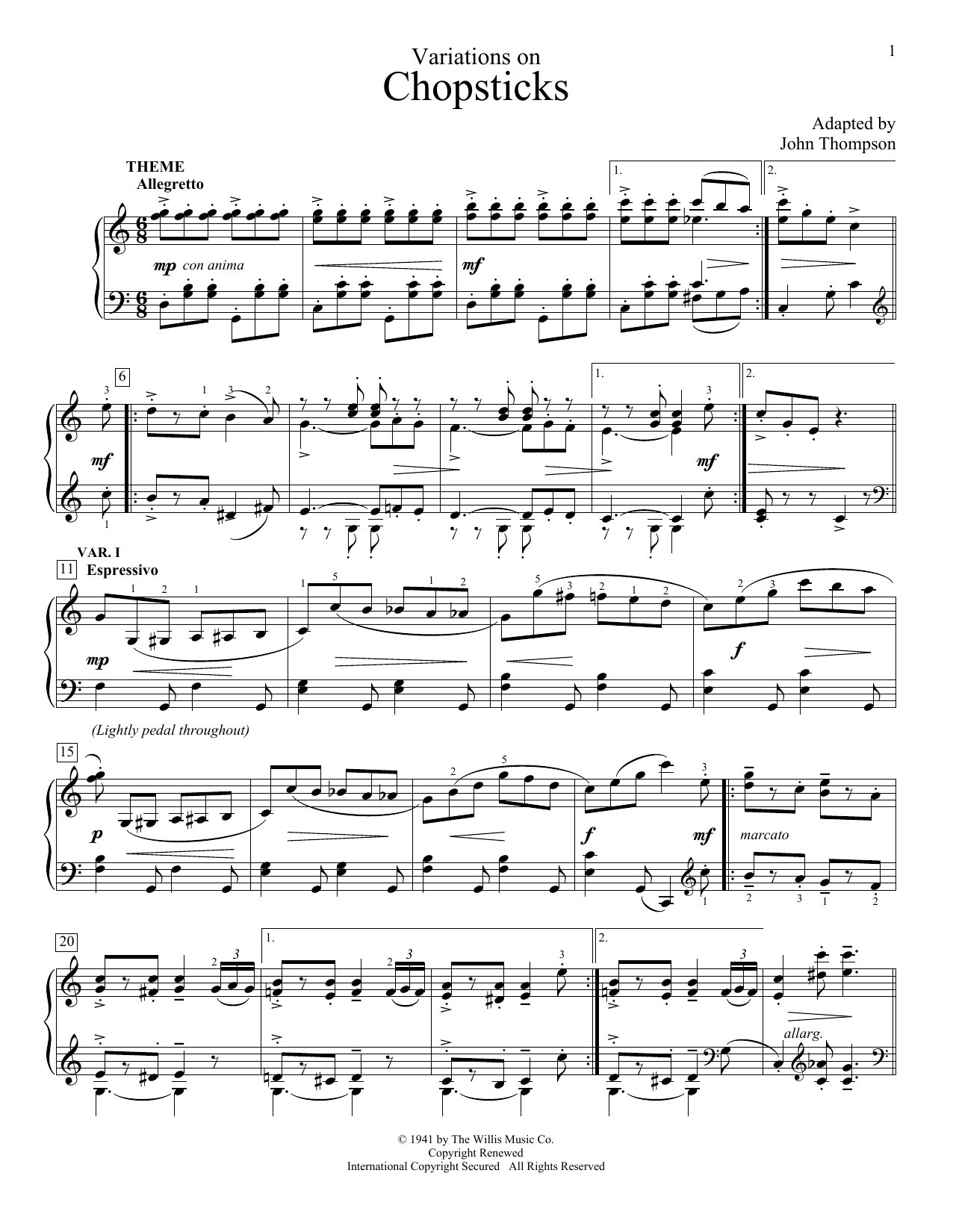 John Thompson Variations On Chopsticks sheet music notes and chords arranged for Educational Piano