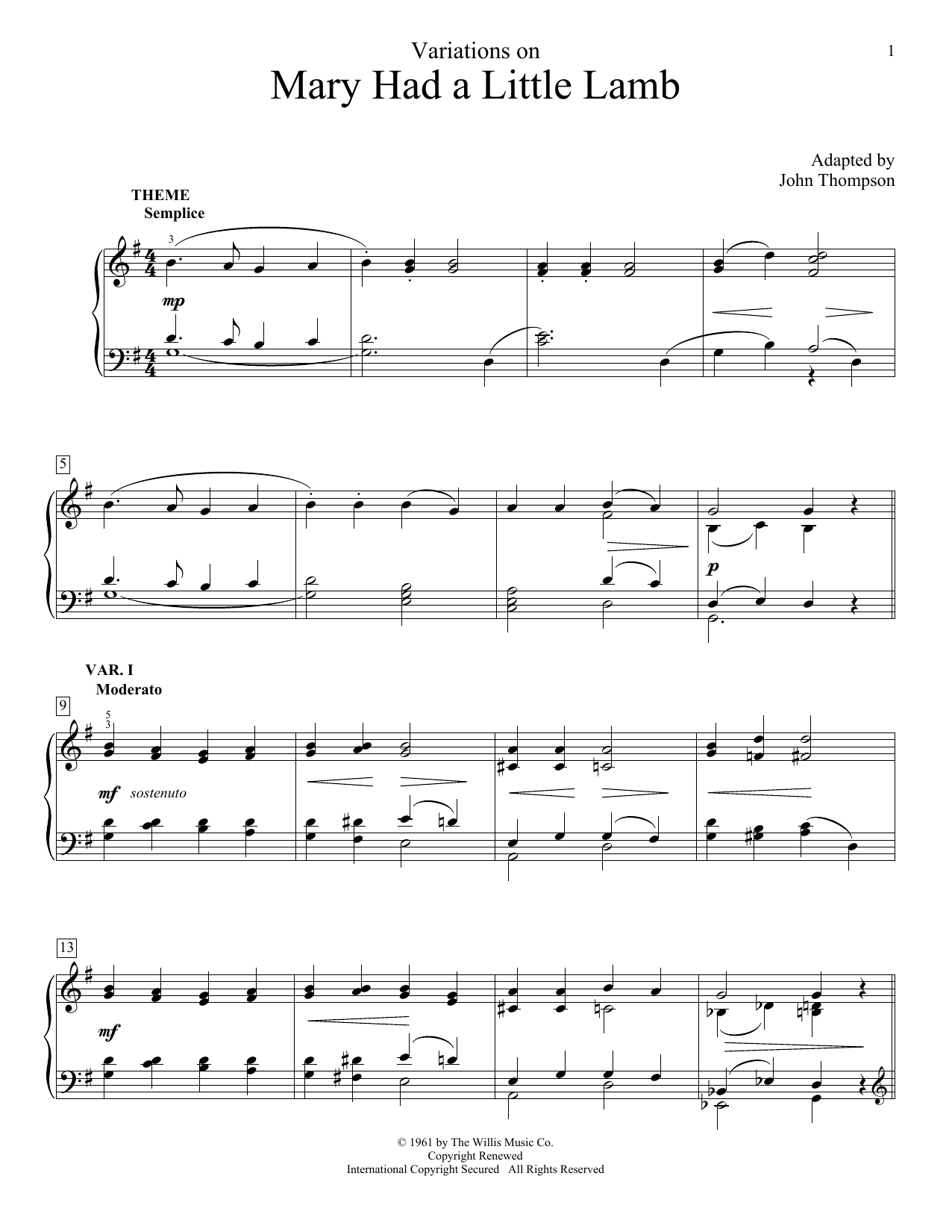 John Thompson Variations On Mary Had A Little Lamb sheet music notes and chords arranged for Educational Piano
