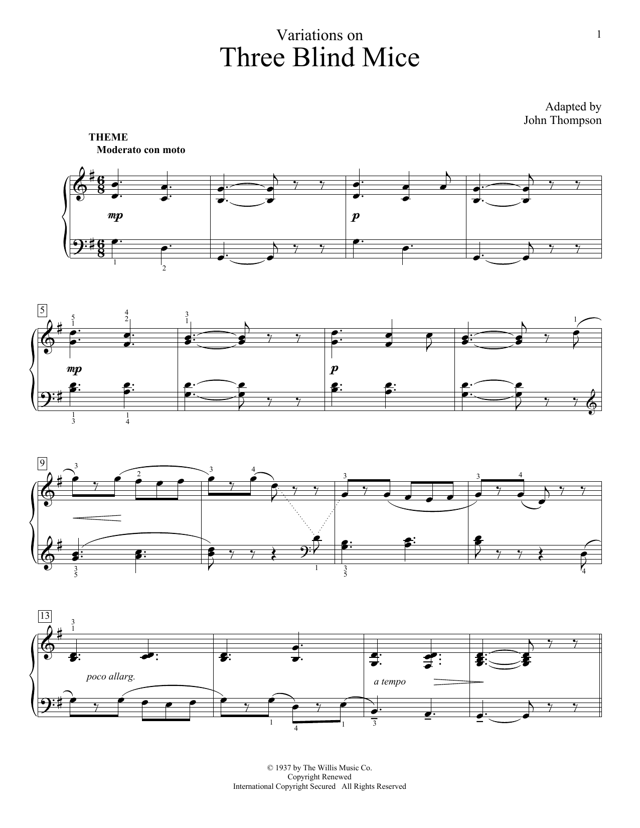 John Thompson Variations On Three Blind Mice sheet music notes and chords arranged for Educational Piano