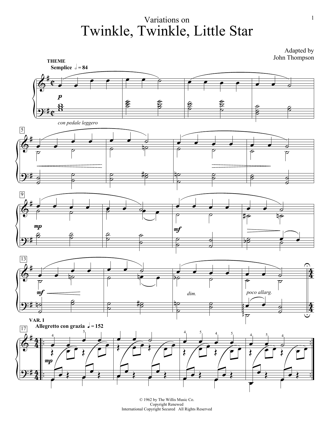 John Thompson Variations On Twinkle, Twinkle, Little Star sheet music notes and chords arranged for Educational Piano