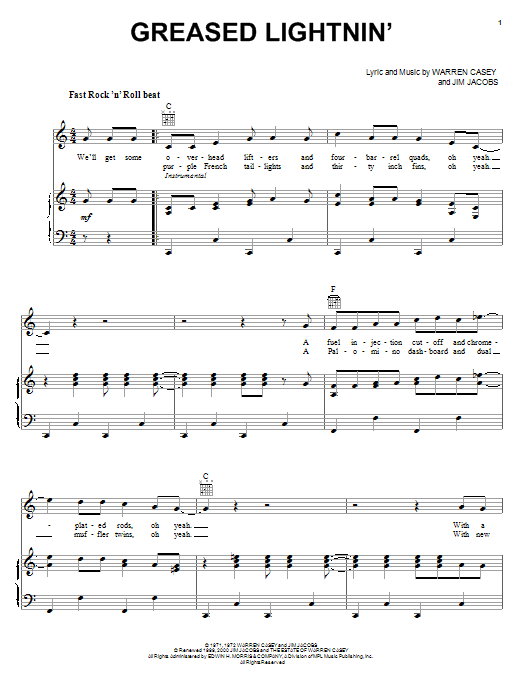 John Travolta Greased Lightnin' sheet music notes and chords arranged for Piano, Vocal & Guitar Chords (Right-Hand Melody)