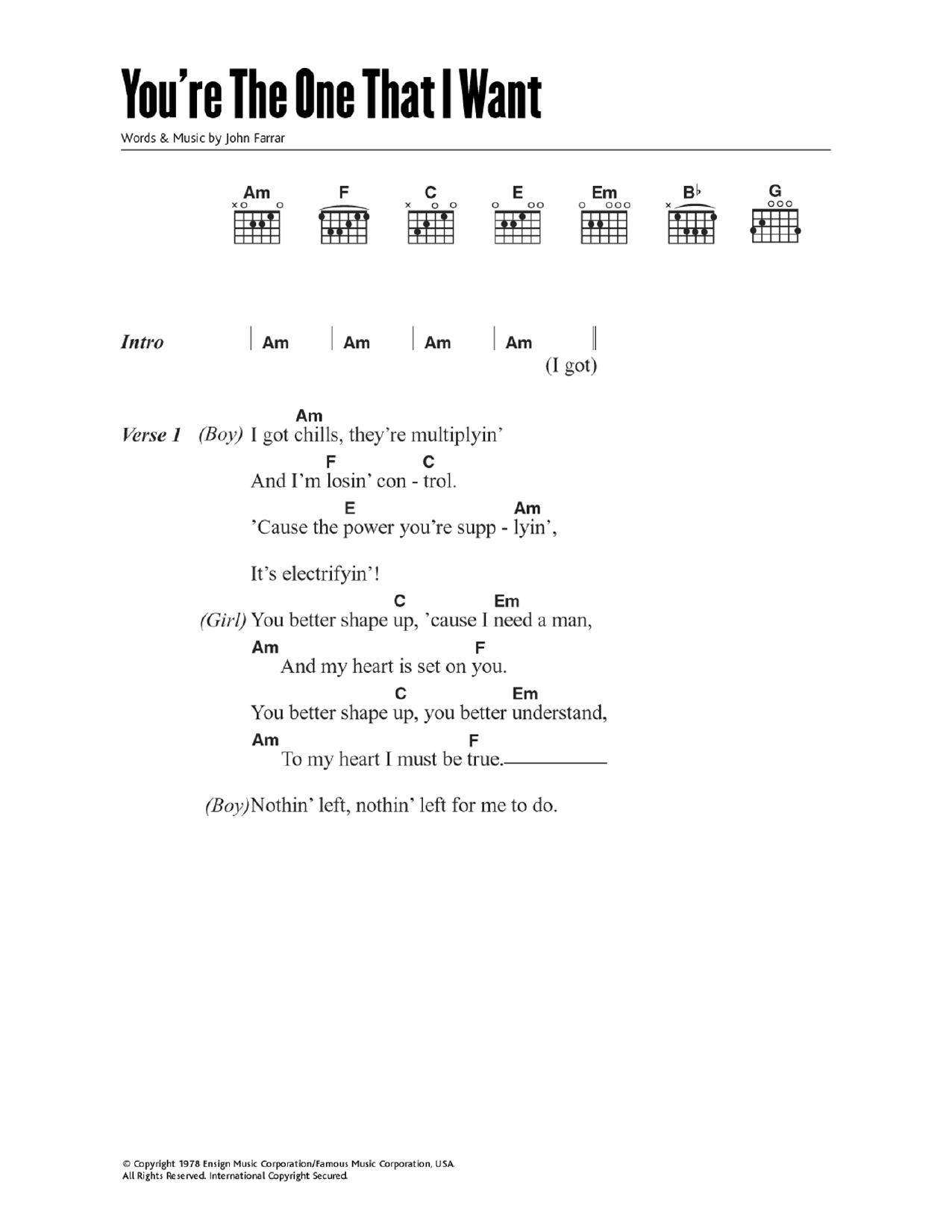 John Travolta You're The One That I Want (from Grease) sheet music notes and chords arranged for Guitar Chords/Lyrics