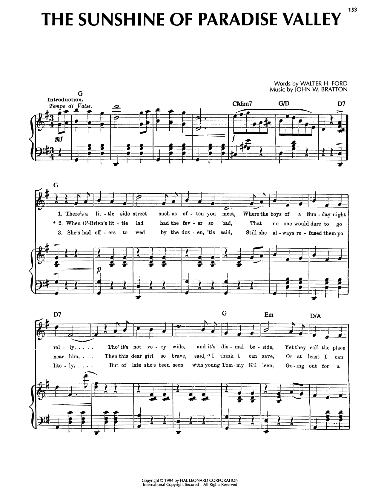 John W. Bratton The Sunshine Of Paradise Valley sheet music notes and chords arranged for Piano, Vocal & Guitar Chords (Right-Hand Melody)