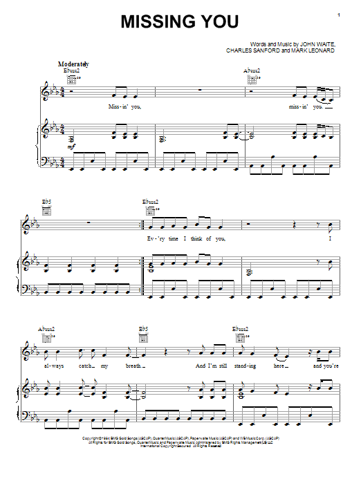 John Waite Missing You sheet music notes and chords arranged for Piano, Vocal & Guitar Chords