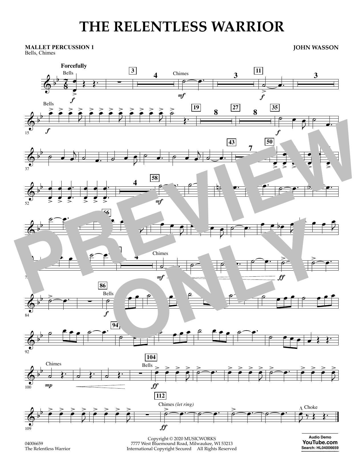John Wasson The Relentless Warrior - Mallet Percussion 1 sheet music notes and chords arranged for Concert Band