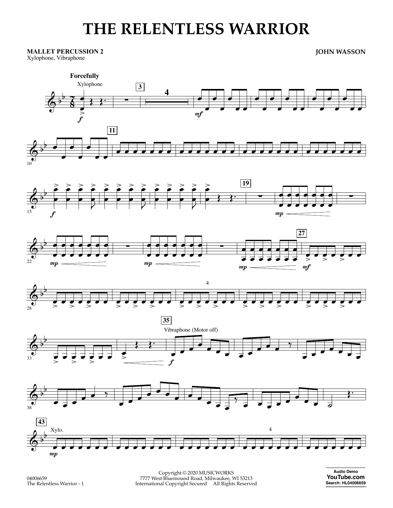 John Wasson The Relentless Warrior - Mallet Percussion 2 sheet music notes and chords arranged for Concert Band