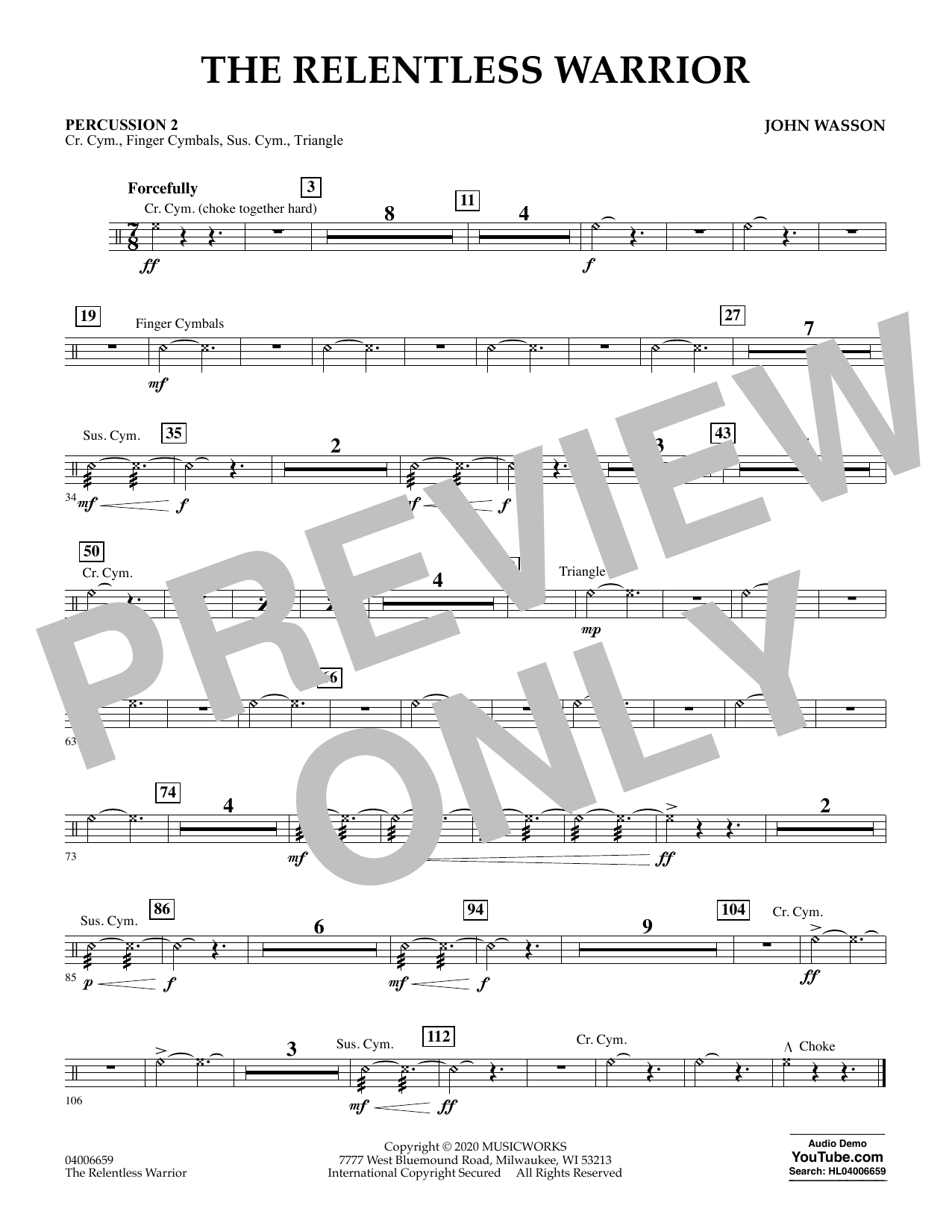 John Wasson The Relentless Warrior - Percussion 2 sheet music notes and chords arranged for Concert Band