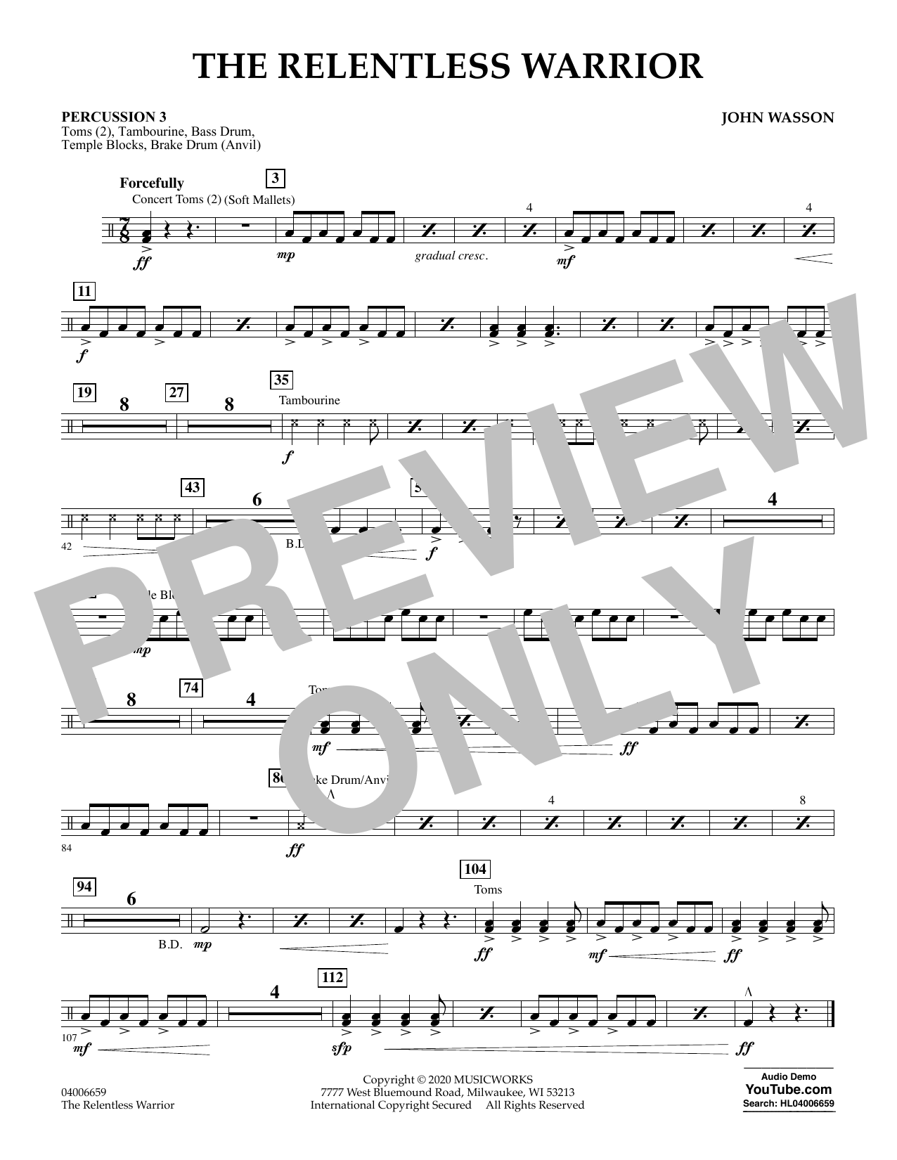 John Wasson The Relentless Warrior - Percussion 3 sheet music notes and chords arranged for Concert Band