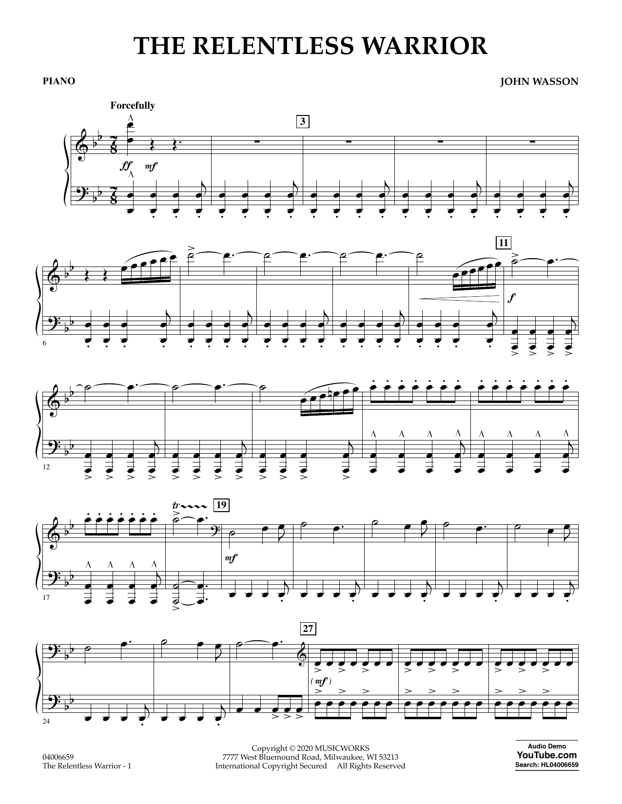 John Wasson The Relentless Warrior - Piano sheet music notes and chords arranged for Concert Band
