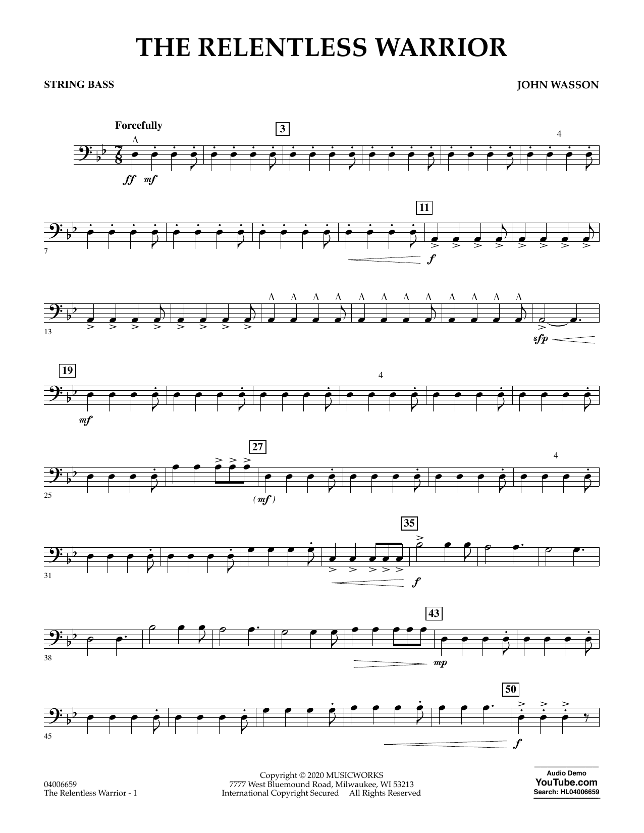 John Wasson The Relentless Warrior - String Bass sheet music notes and chords arranged for Concert Band