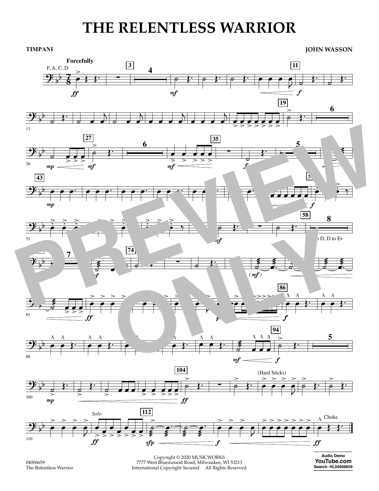 John Wasson The Relentless Warrior - Timpani sheet music notes and chords arranged for Concert Band