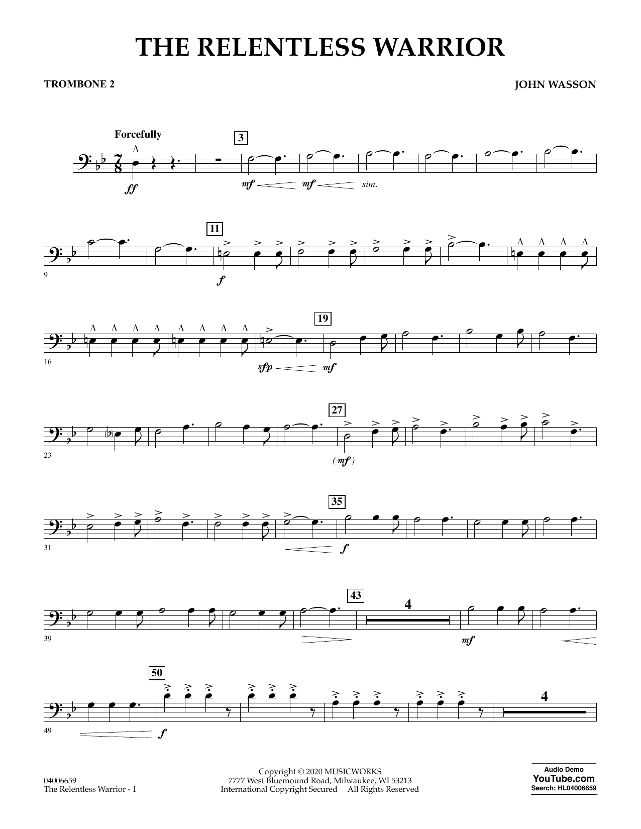 John Wasson The Relentless Warrior - Trombone 2 sheet music notes and chords arranged for Concert Band