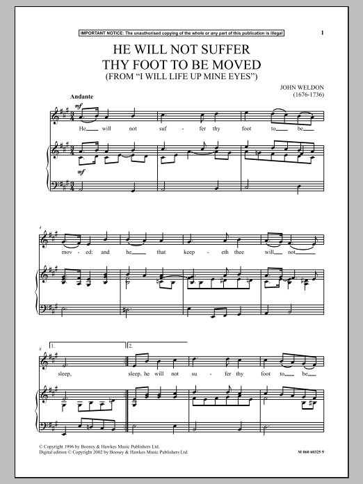 John Weldon He Will Not Suffer Thy Foot To Be Moved (from I Will Lift Up Mine Eyes) sheet music notes and chords arranged for Piano & Vocal