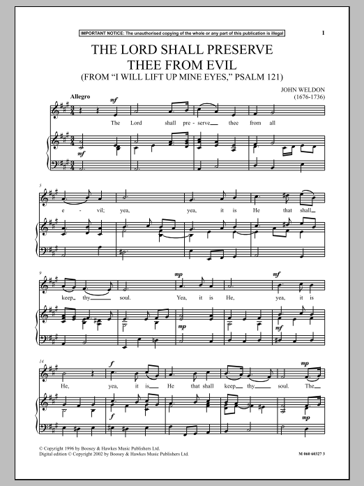 John Weldon The Lord Shall Preserve Thee From Evil (from I Will Lift Up Mine Eyes, Psalm 121) sheet music notes and chords arranged for Piano & Vocal