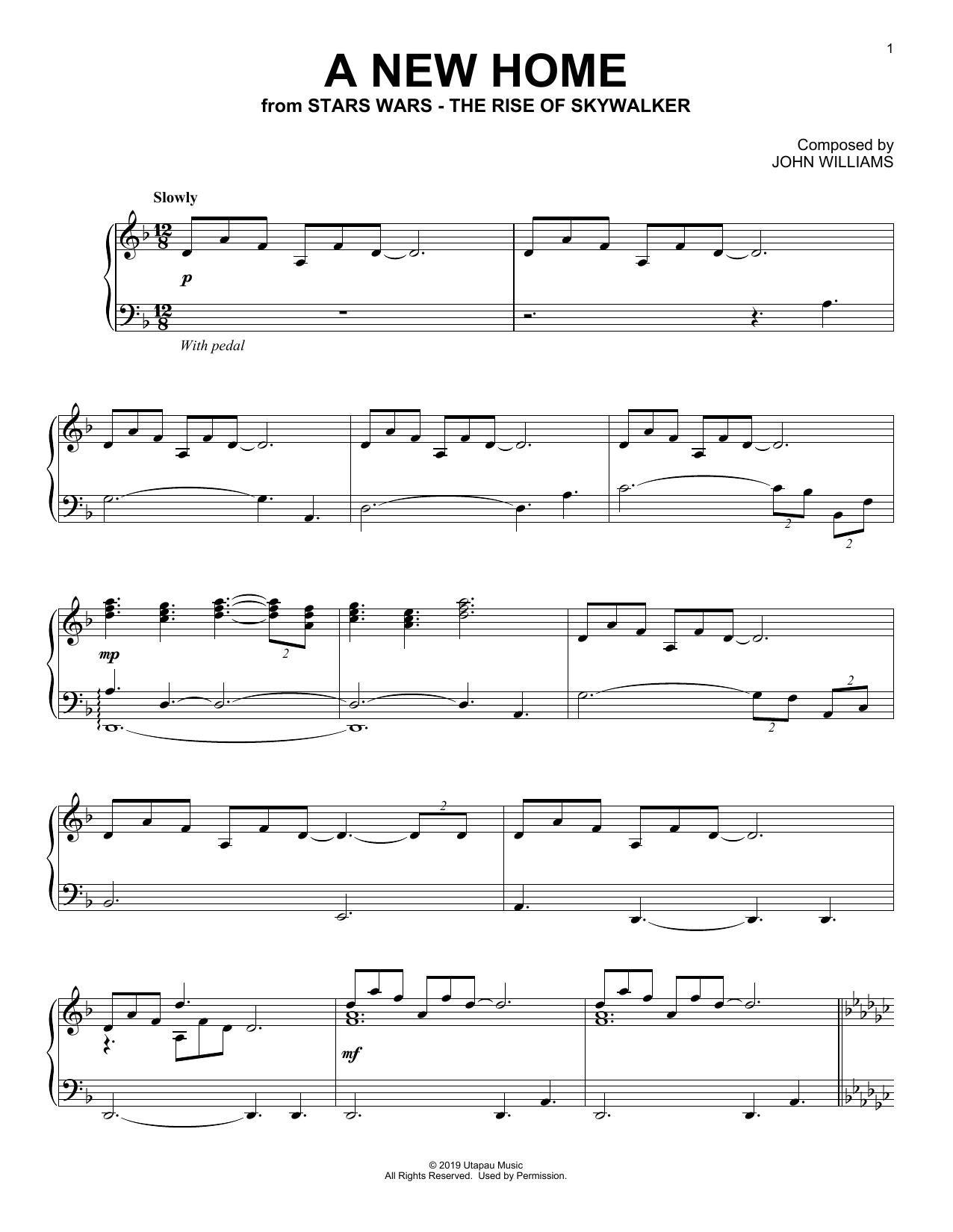 John Williams A New Home (from The Rise Of Skywalker) sheet music notes and chords arranged for Piano Solo
