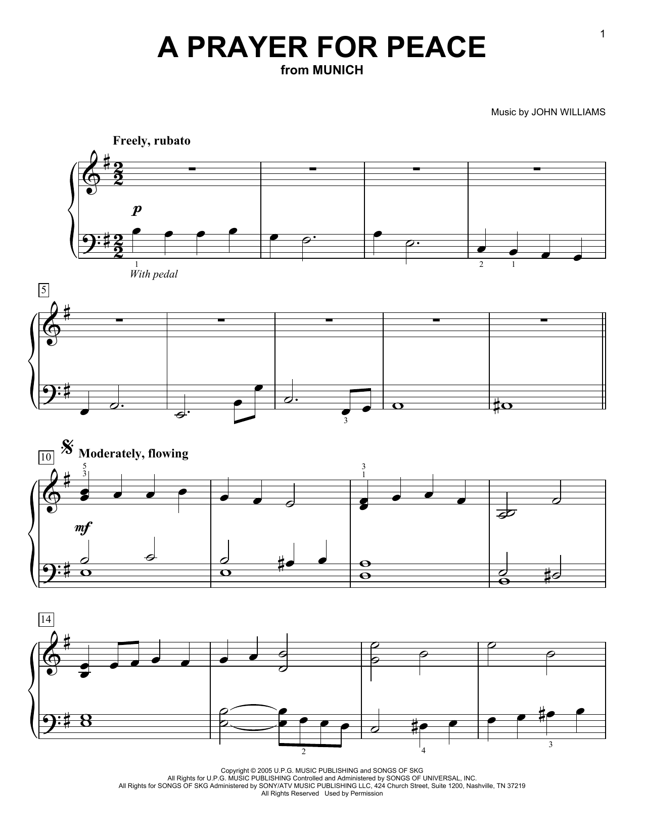 John Williams A Prayer For Peace (from Munich) sheet music notes and chords arranged for Easy Piano