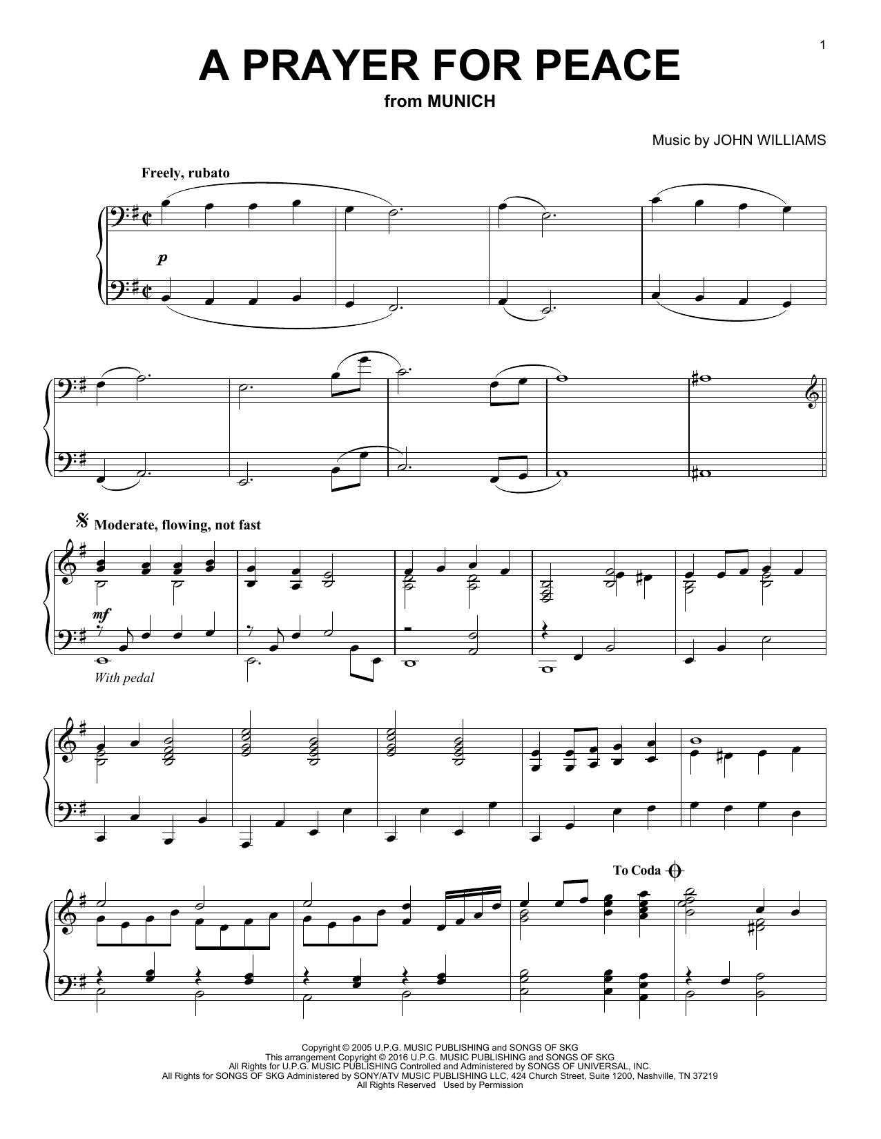 John Williams A Prayer For Peace sheet music notes and chords arranged for Piano Solo