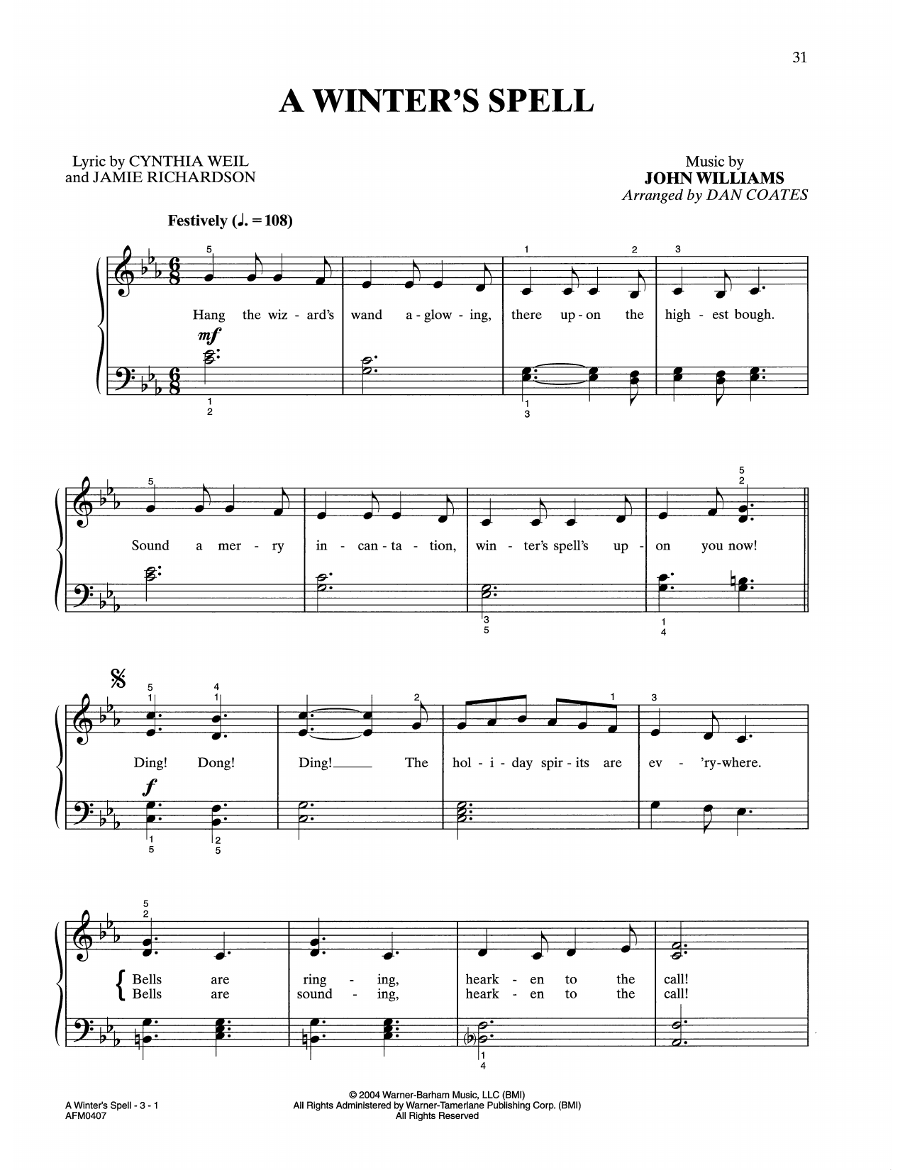 John Williams A Winter's Spell (from Harry Potter) (arr. Dan Coates) sheet music notes and chords arranged for Easy Piano