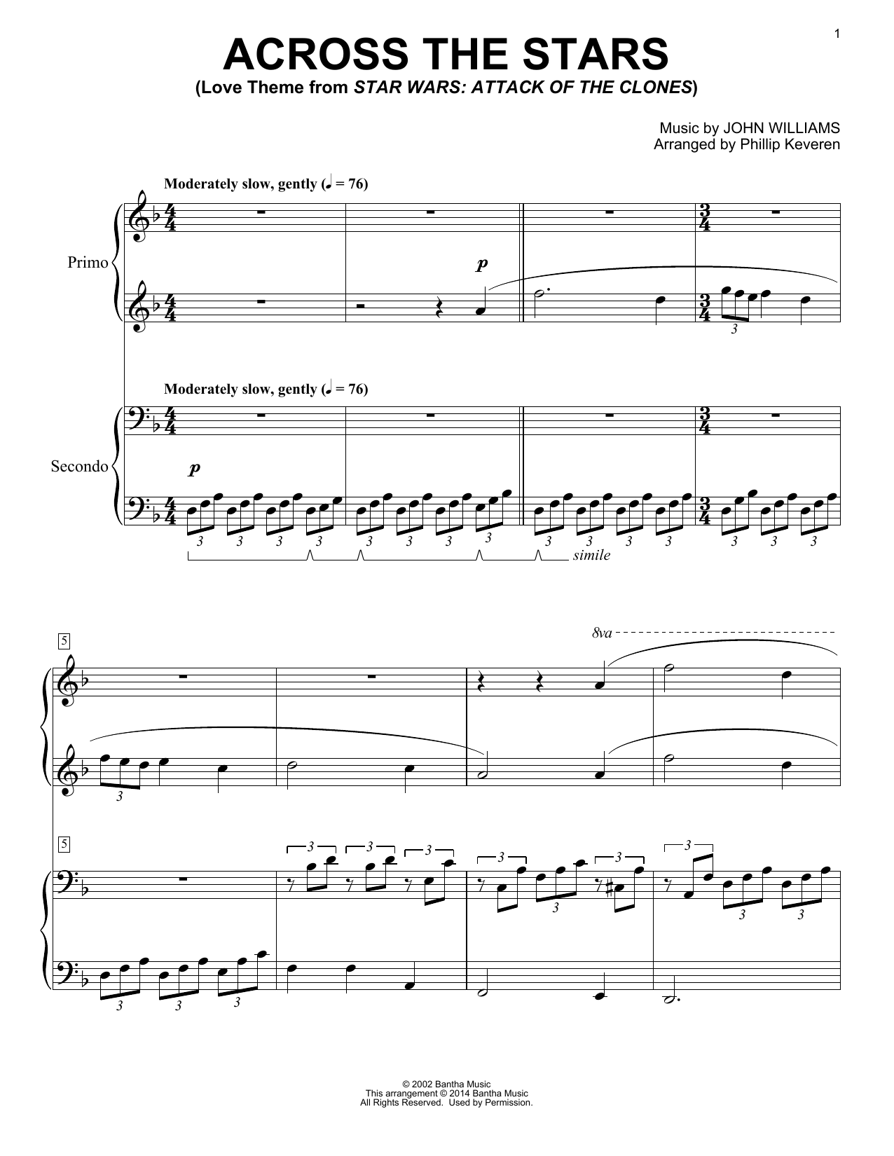 John Williams Across The Stars (from Star Wars: Attack of the Clones) (arr. Phillip Keveren) sheet music notes and chords arranged for Piano Duet
