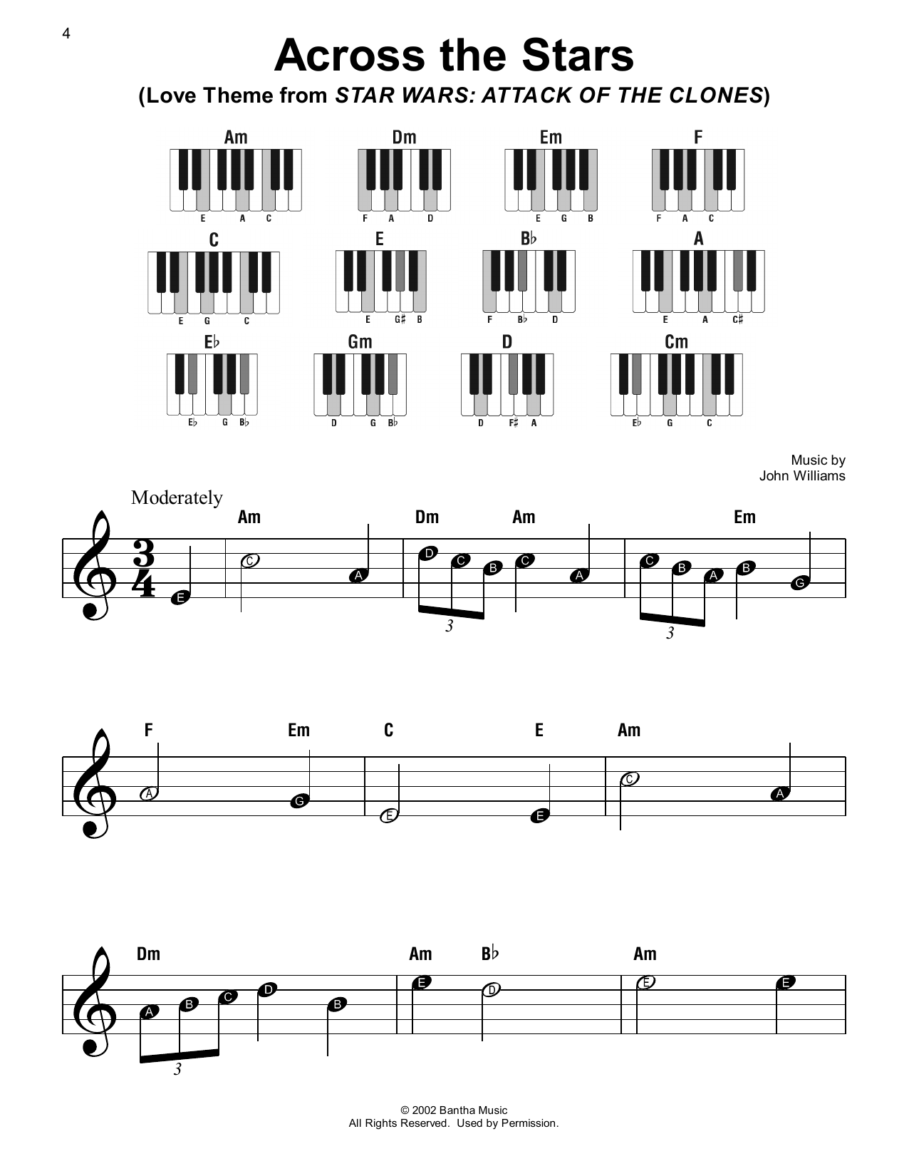 John Williams Across The Stars (Love Theme from Star Wars: Attack Of The Clones) sheet music notes and chords arranged for Super Easy Piano