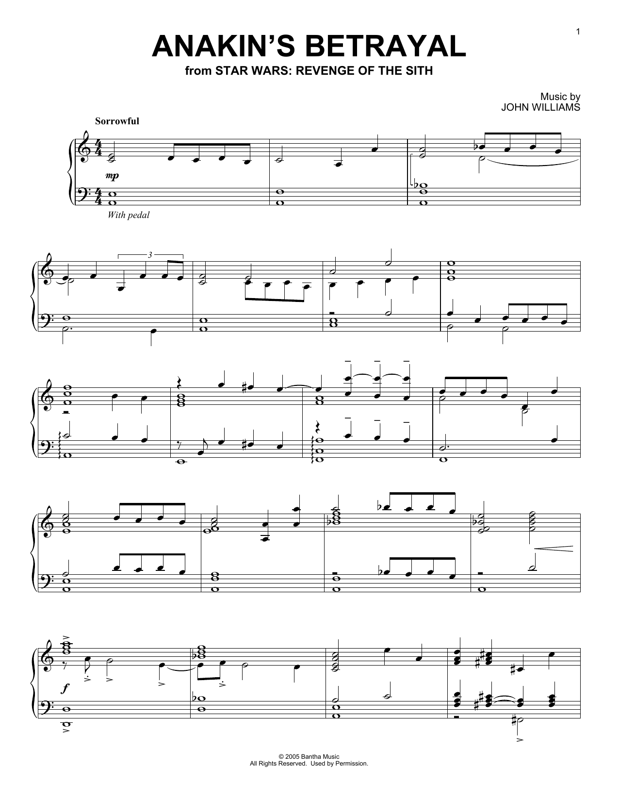 John Williams Anakin's Betrayal (from Star Wars: Revenge Of The Sith) sheet music notes and chords arranged for Piano Solo