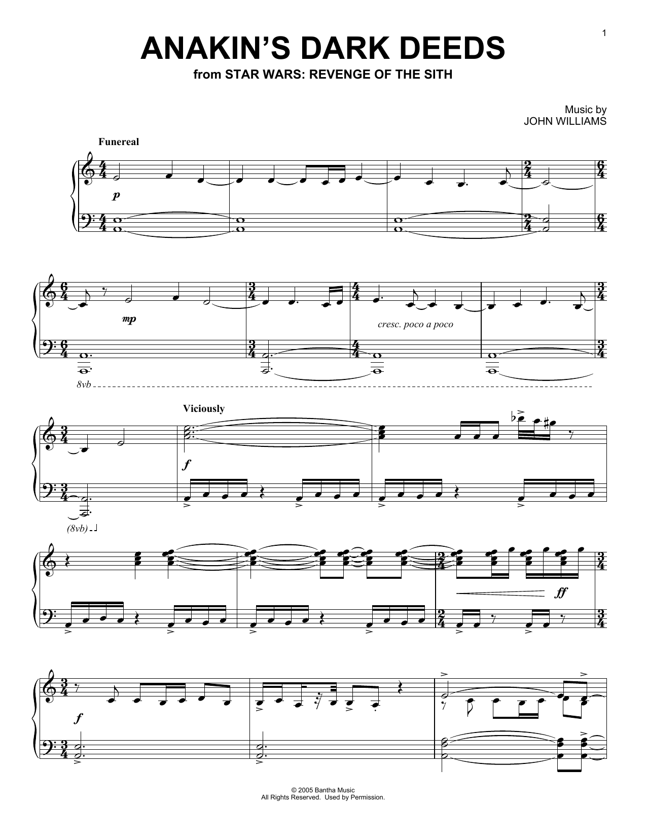 John Williams Anakin's Dark Deeds (from Star Wars: Revenge Of The Sith) sheet music notes and chords arranged for Piano Solo