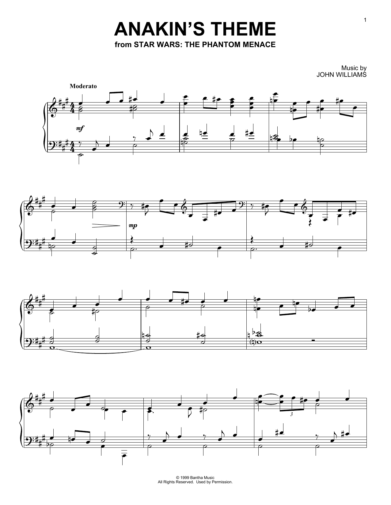 John Williams Anakin's Theme (from Star Wars: The Phantom Menace) sheet music notes and chords arranged for Piano Solo