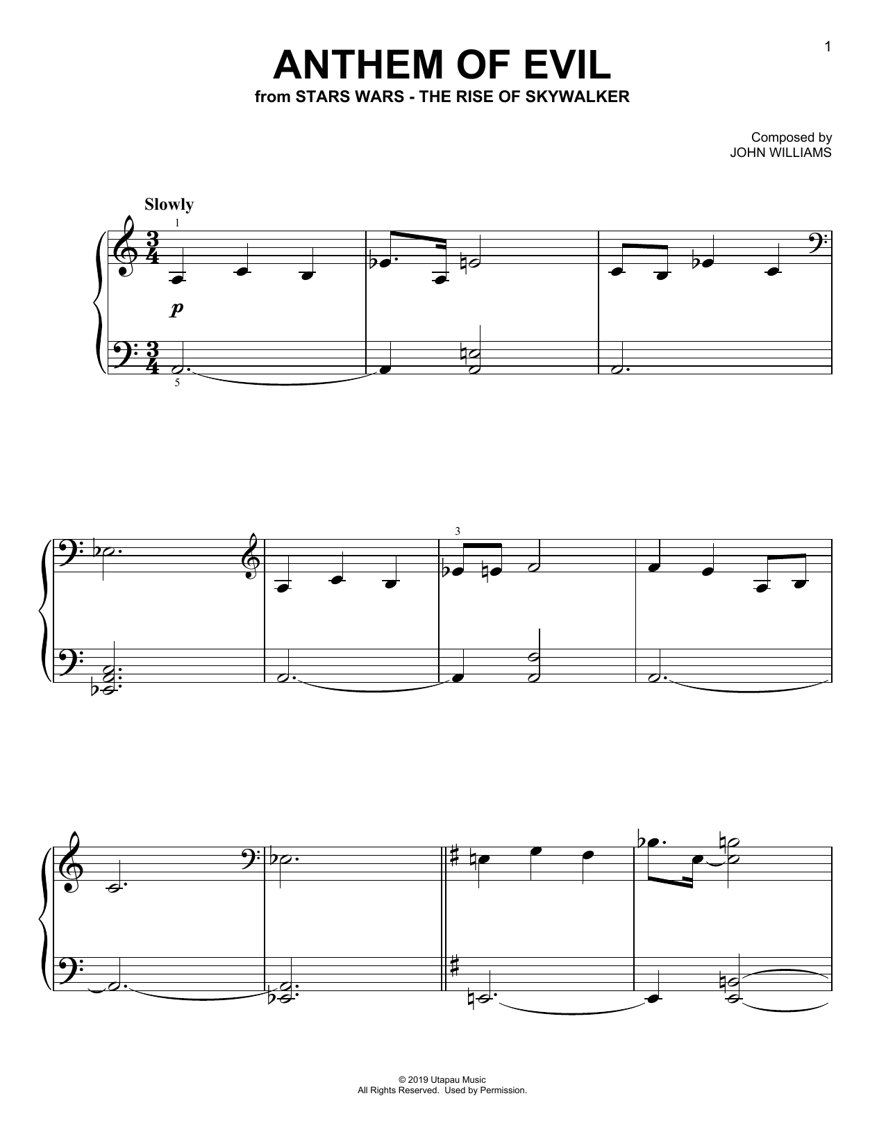 John Williams Anthem Of Evil (from The Rise Of Skywalker) sheet music notes and chords arranged for Easy Piano