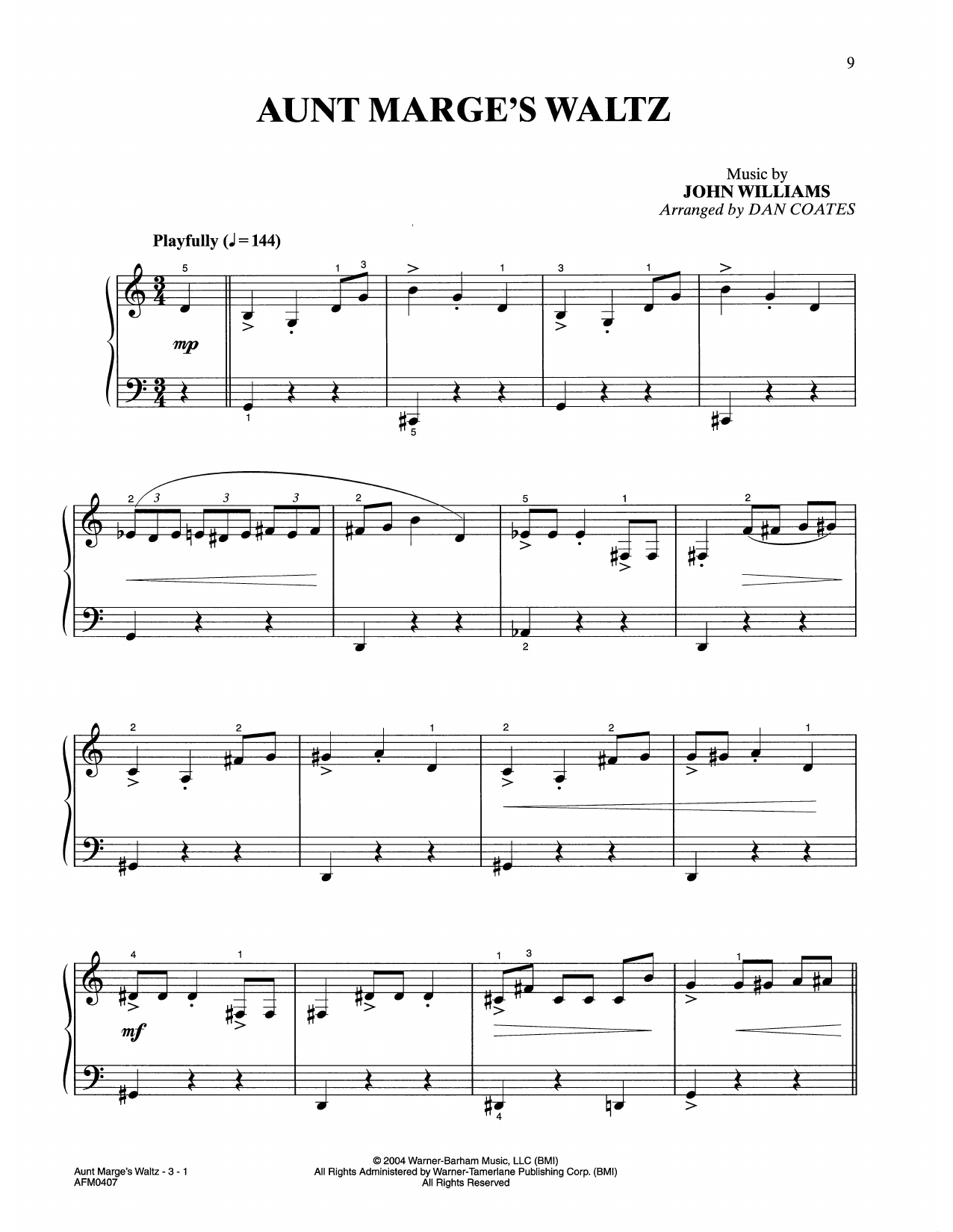 John Williams Aunt Marge's Waltz (from Harry Potter) (arr. Dan Coates) sheet music notes and chords arranged for Easy Piano