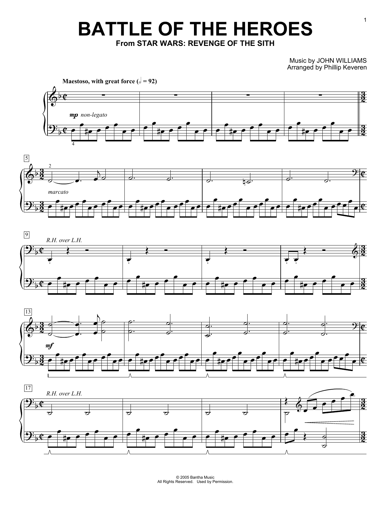 John Williams Battle Of The Heroes (arr. Phillip Keveren) sheet music notes and chords arranged for Piano Solo