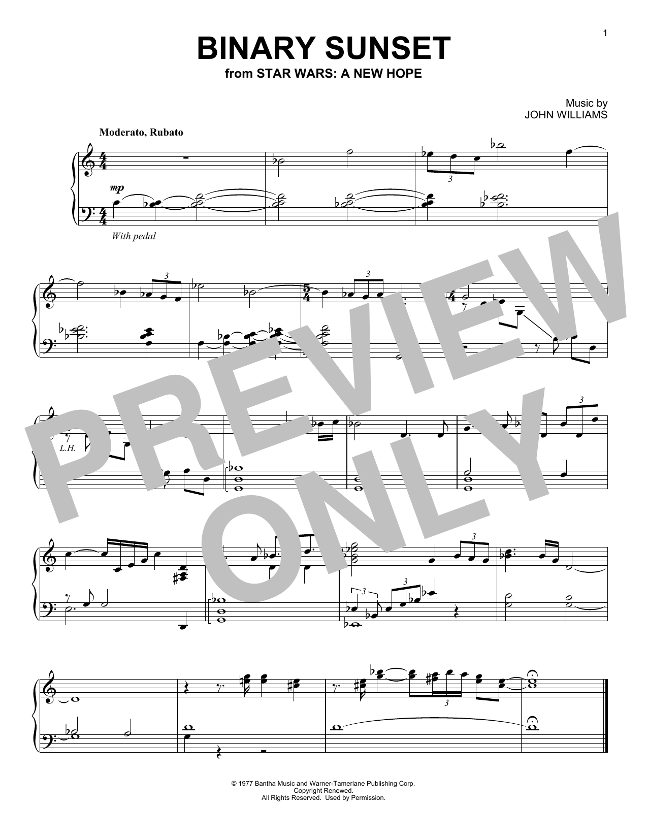 John Williams Binary Sunset (from Star Wars: A New Hope) sheet music notes and chords arranged for Piano Solo