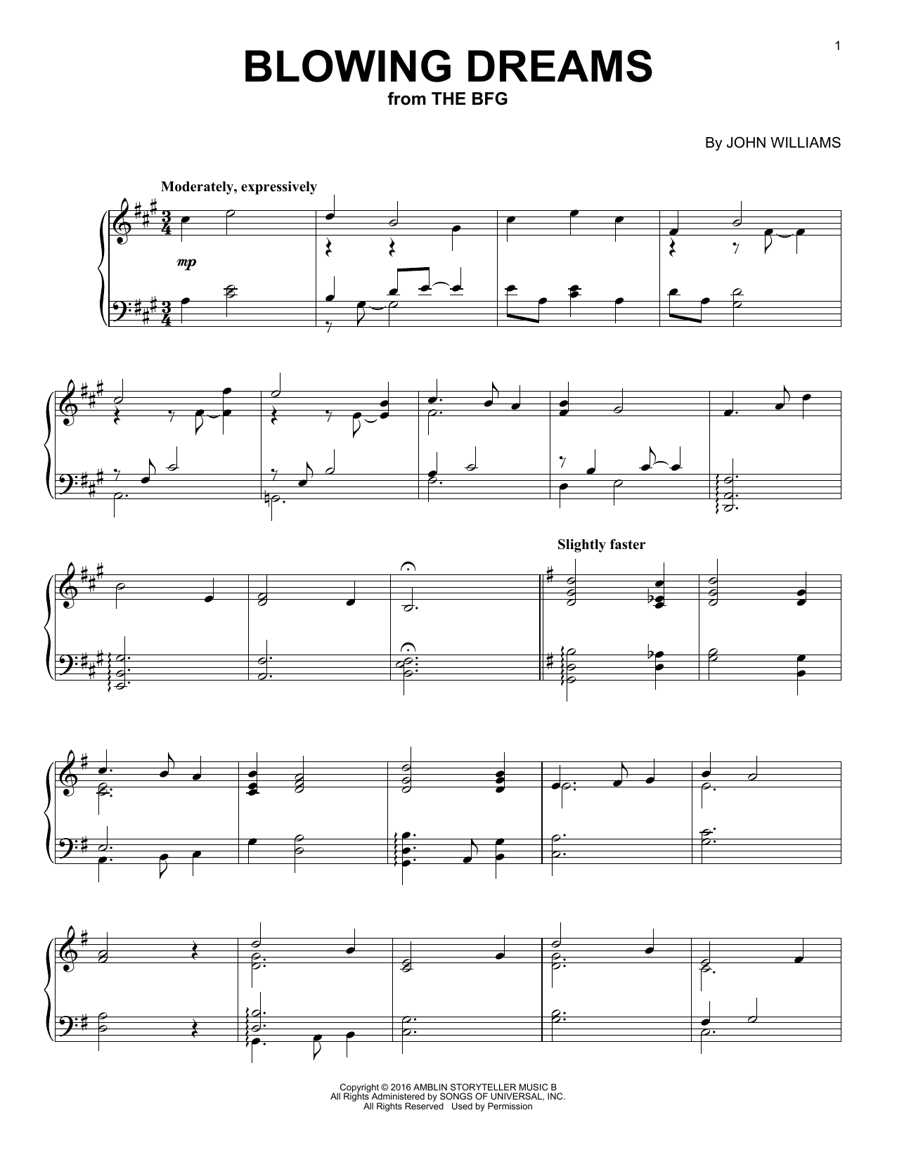 John Williams Blowing Dreams sheet music notes and chords arranged for Piano Solo