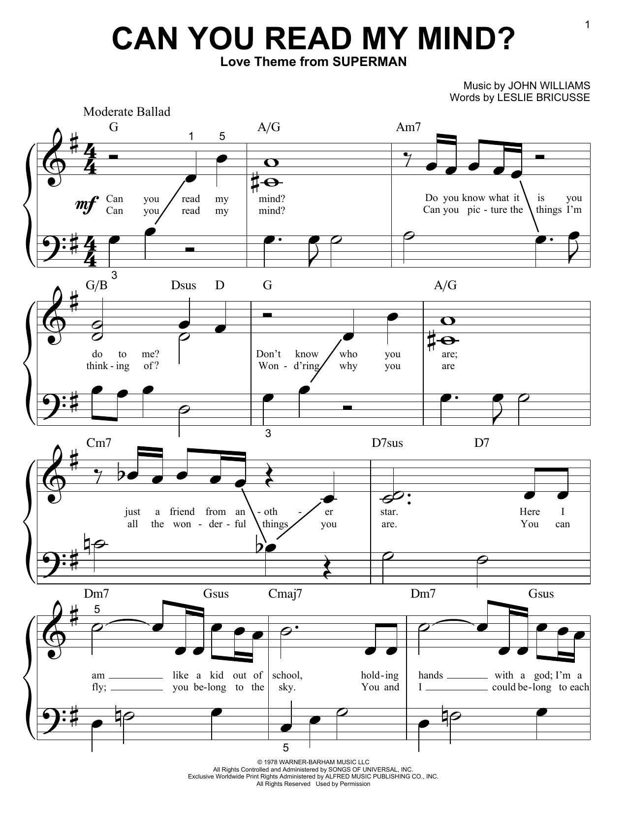 John Williams Can You Read My Mind? (Love Theme from SUPERMAN) sheet music notes and chords arranged for Big Note Piano