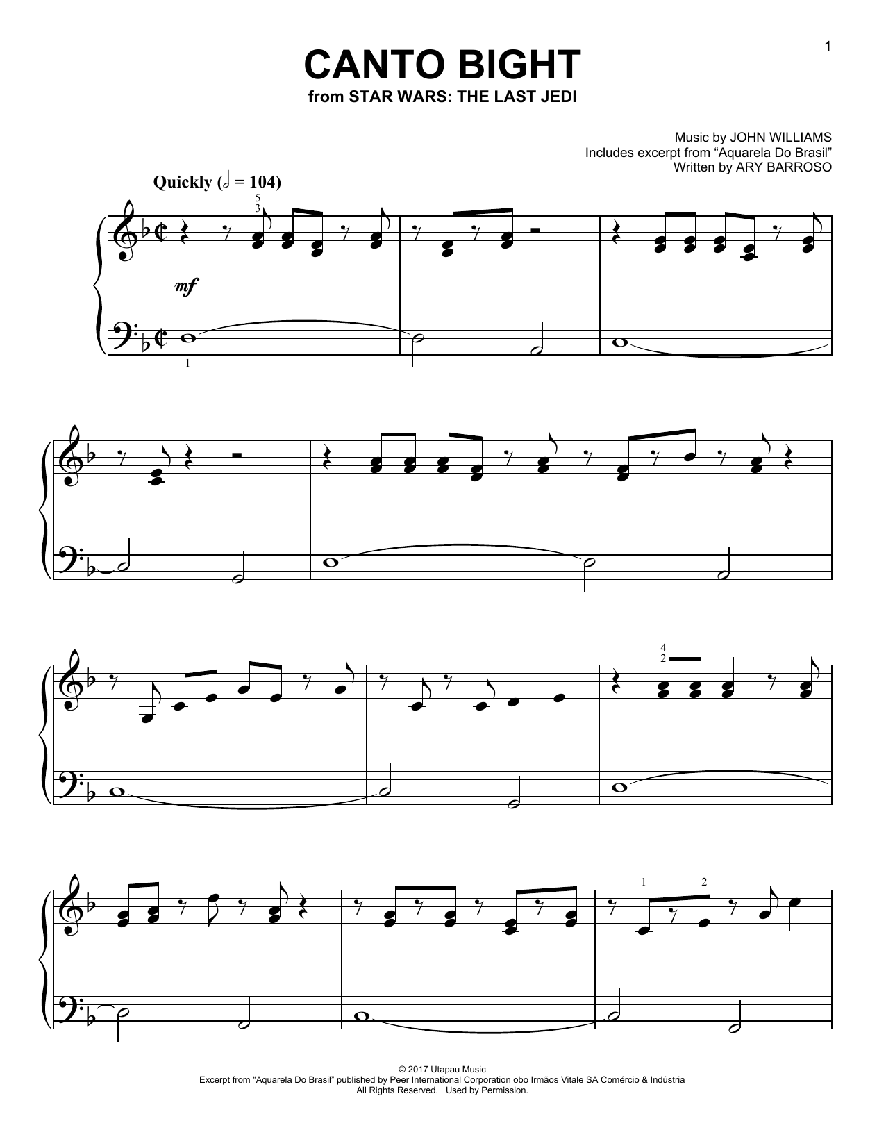 John Williams Canto Bight sheet music notes and chords arranged for Easy Piano