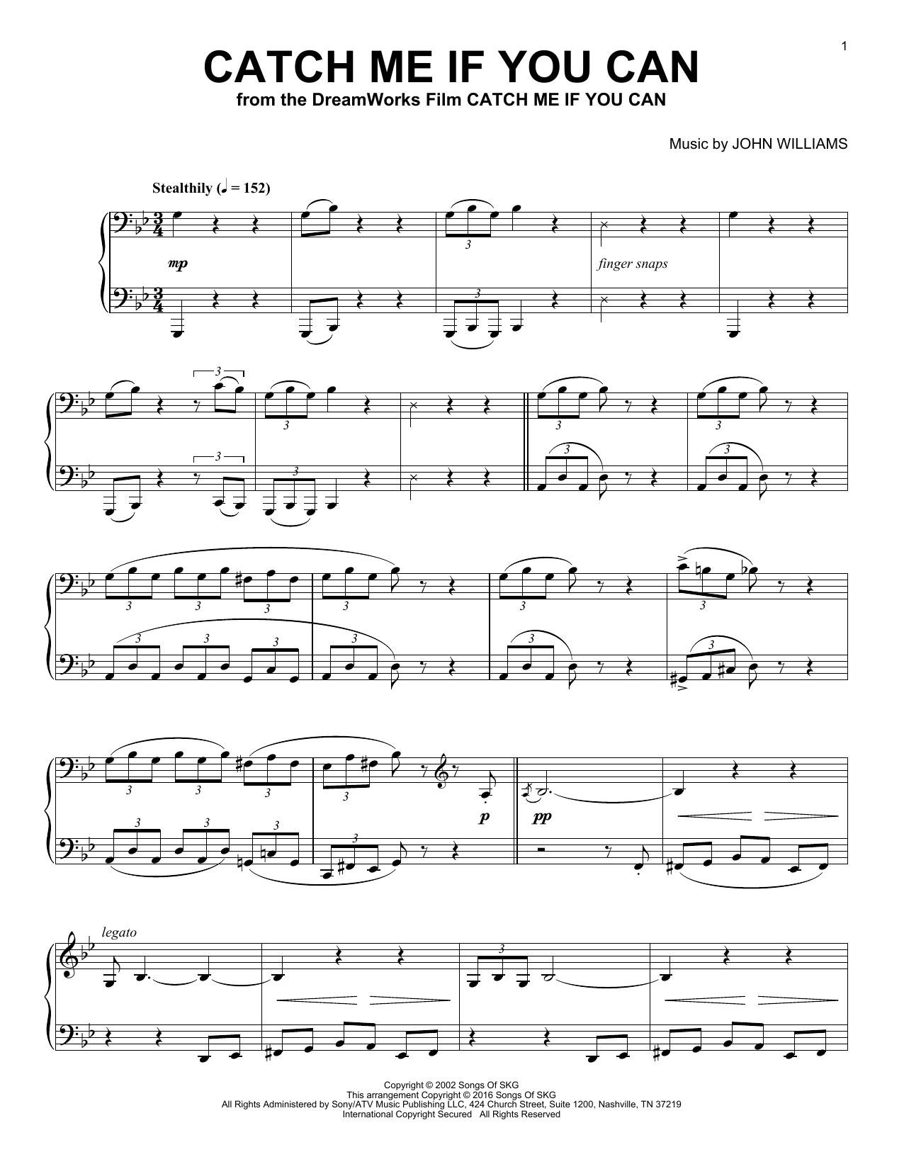John Williams Catch Me If You Can sheet music notes and chords arranged for Piano Solo