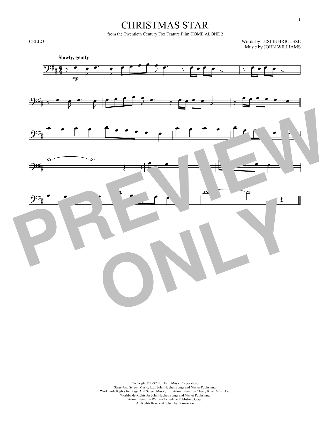 John Williams Christmas Star sheet music notes and chords arranged for Cello Solo