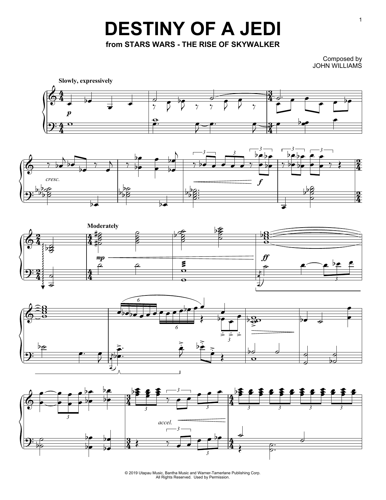 John Williams Destiny Of A Jedi (from The Rise Of Skywalker) sheet music notes and chords arranged for Piano Solo