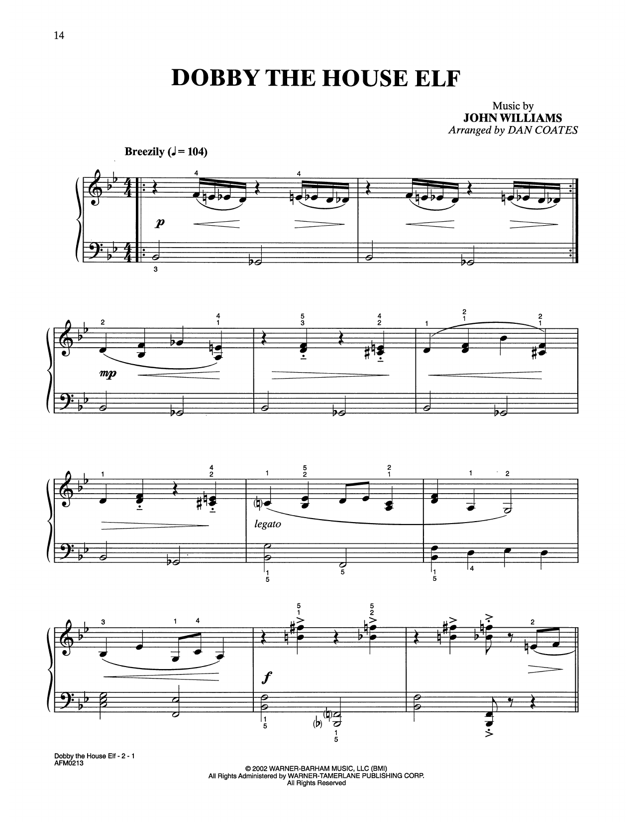 John Williams Dobby The House Elf (from Harry Potter And The Chamber Of Secrets) (arr. Dan Coates) sheet music notes and chords arranged for Easy Piano