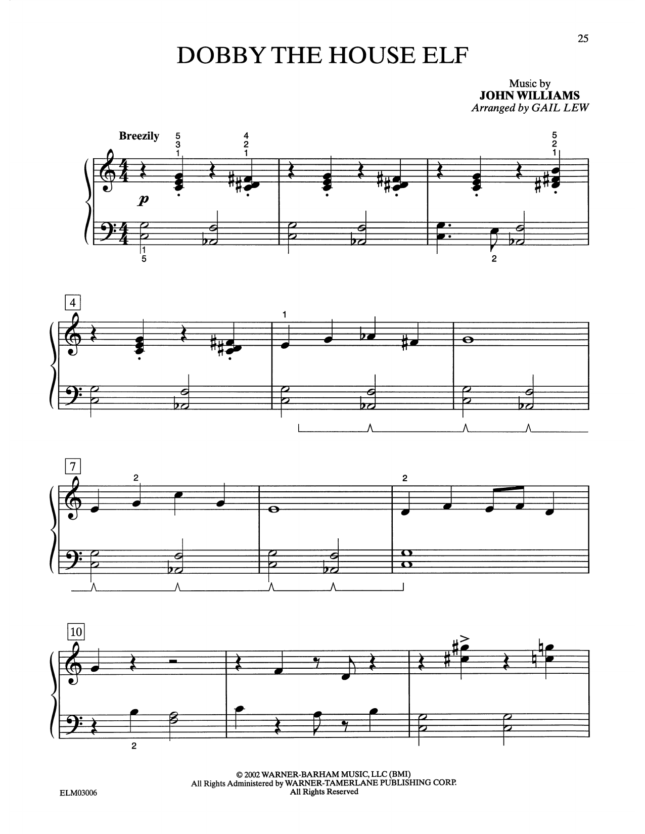 John Williams Dobby The House Elf (from Harry Potter) (arr. Gail Lew) sheet music notes and chords arranged for Easy Piano