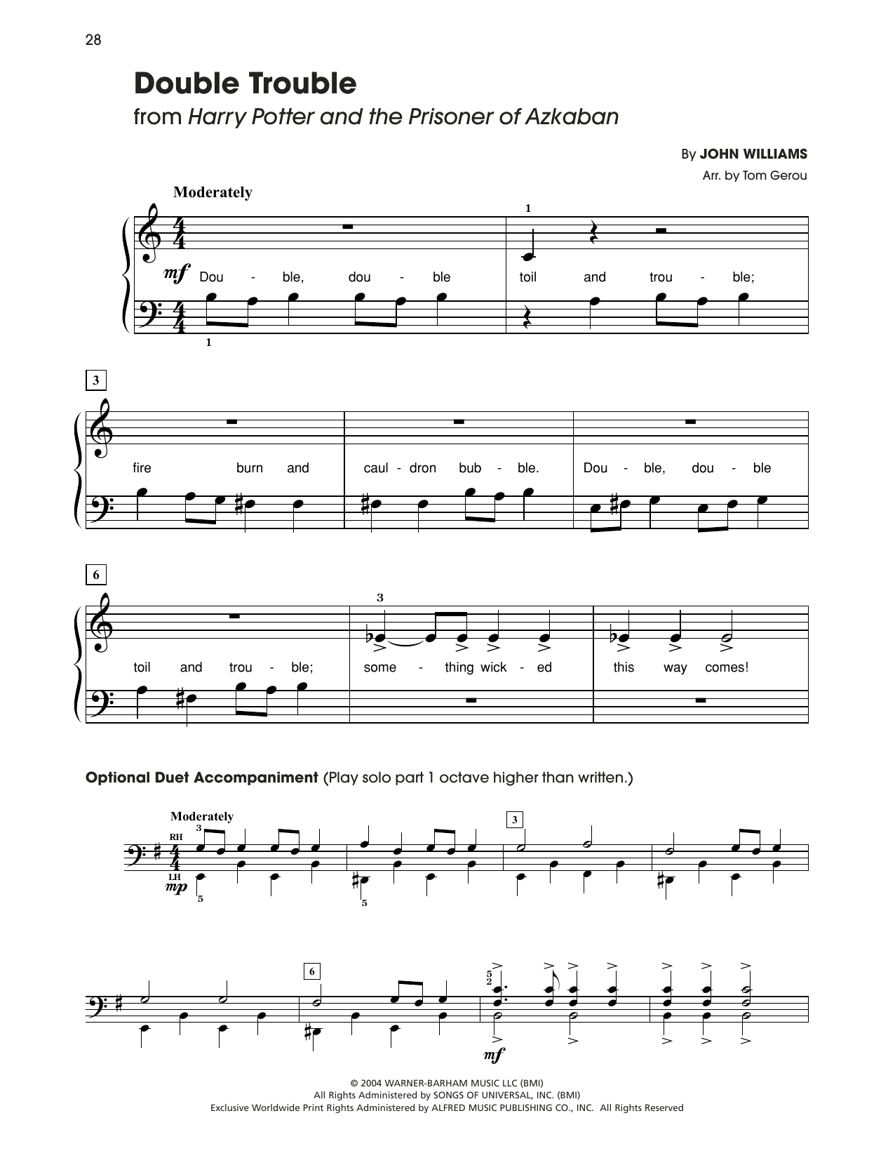 John Williams Double Trouble (from Harry Potter) (arr. Tom Gerou) sheet music notes and chords arranged for 5-Finger Piano