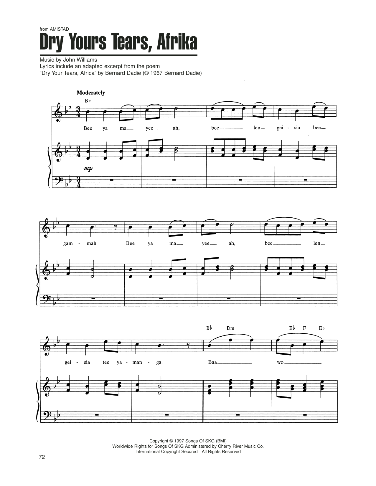 John Williams Dry Your Tears, Afrika (from Amistad) sheet music notes and chords arranged for Piano, Vocal & Guitar Chords (Right-Hand Melody)