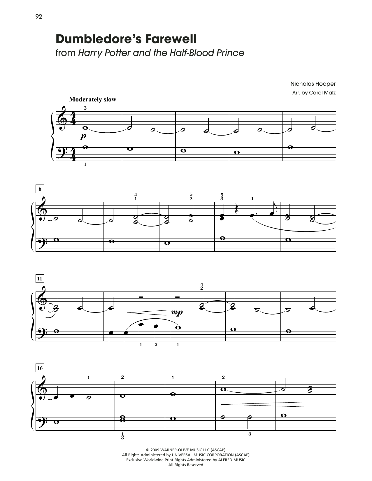 John Williams Dumbledore's Farewell (from Harry Potter) (arr. Carol Matz) sheet music notes and chords arranged for Big Note Piano