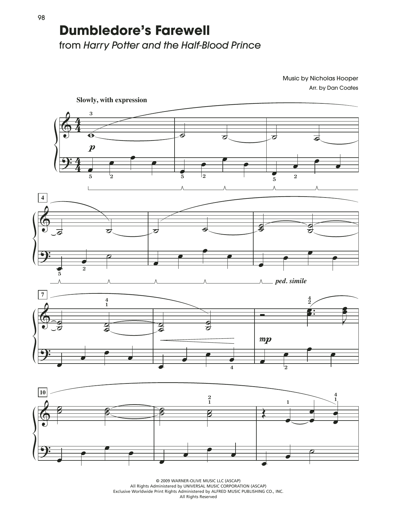 John Williams Dumbledore's Farewell (from Harry Potter) (arr. Dan Coates) sheet music notes and chords arranged for Easy Piano