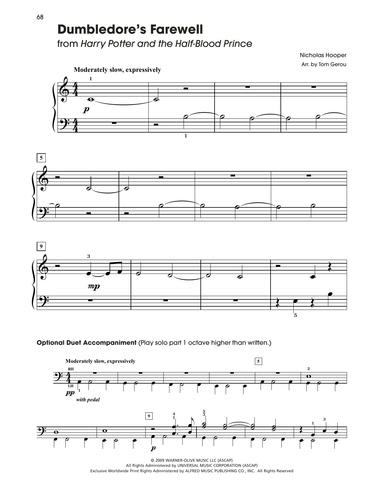 John Williams Dumbledore's Farewell (from Harry Potter) (arr. Tom Gerou) sheet music notes and chords arranged for 5-Finger Piano