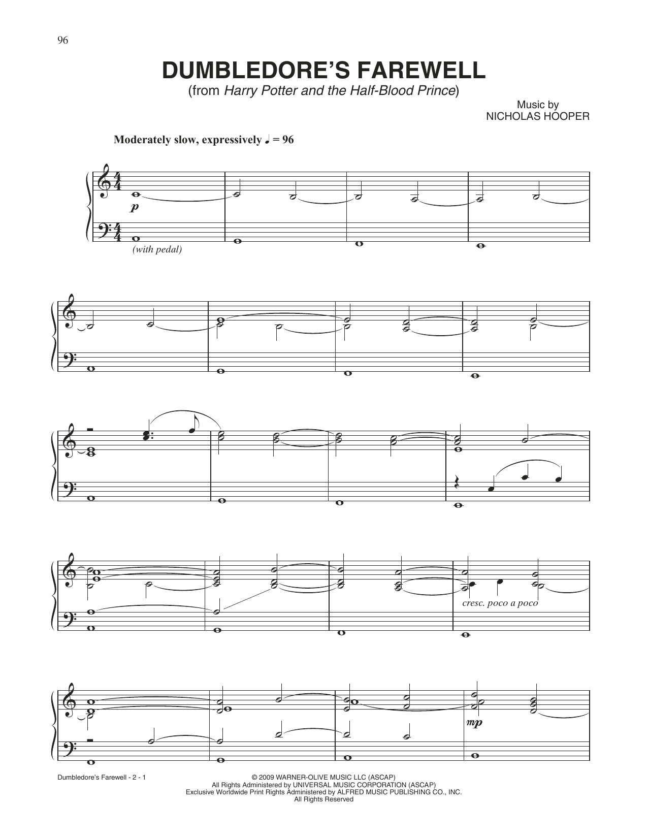 John Williams Dumbledore's Farewell (from Harry Potter) sheet music notes and chords arranged for Piano Solo