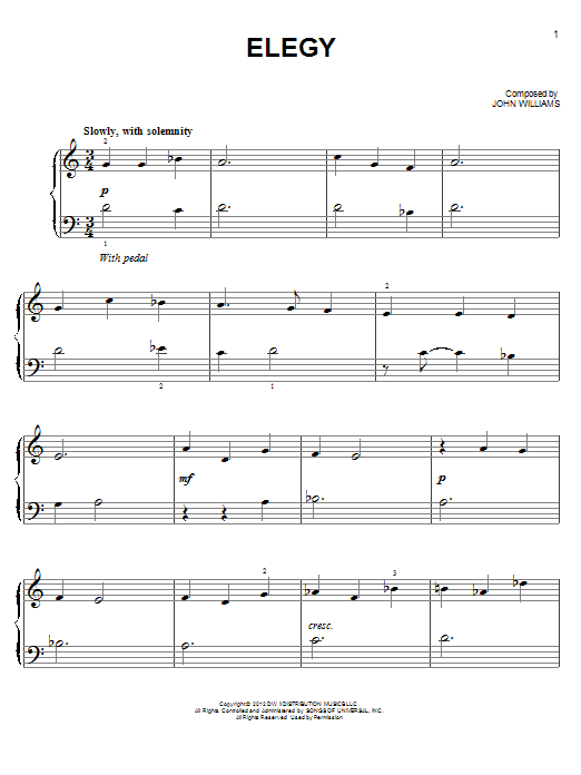 John Williams Elegy sheet music notes and chords arranged for Easy Piano